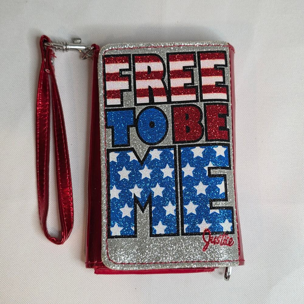 Justice Red Wallet Purse Free To Be Me Clutch Wristlet Red White Blue Used